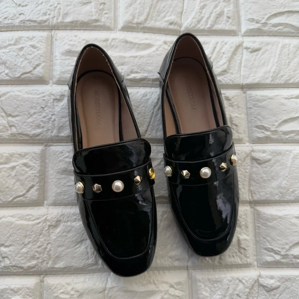 Nordstrom Girls Kids' Faye Patent Leather Loafer Black SZ 3 New studded loafers